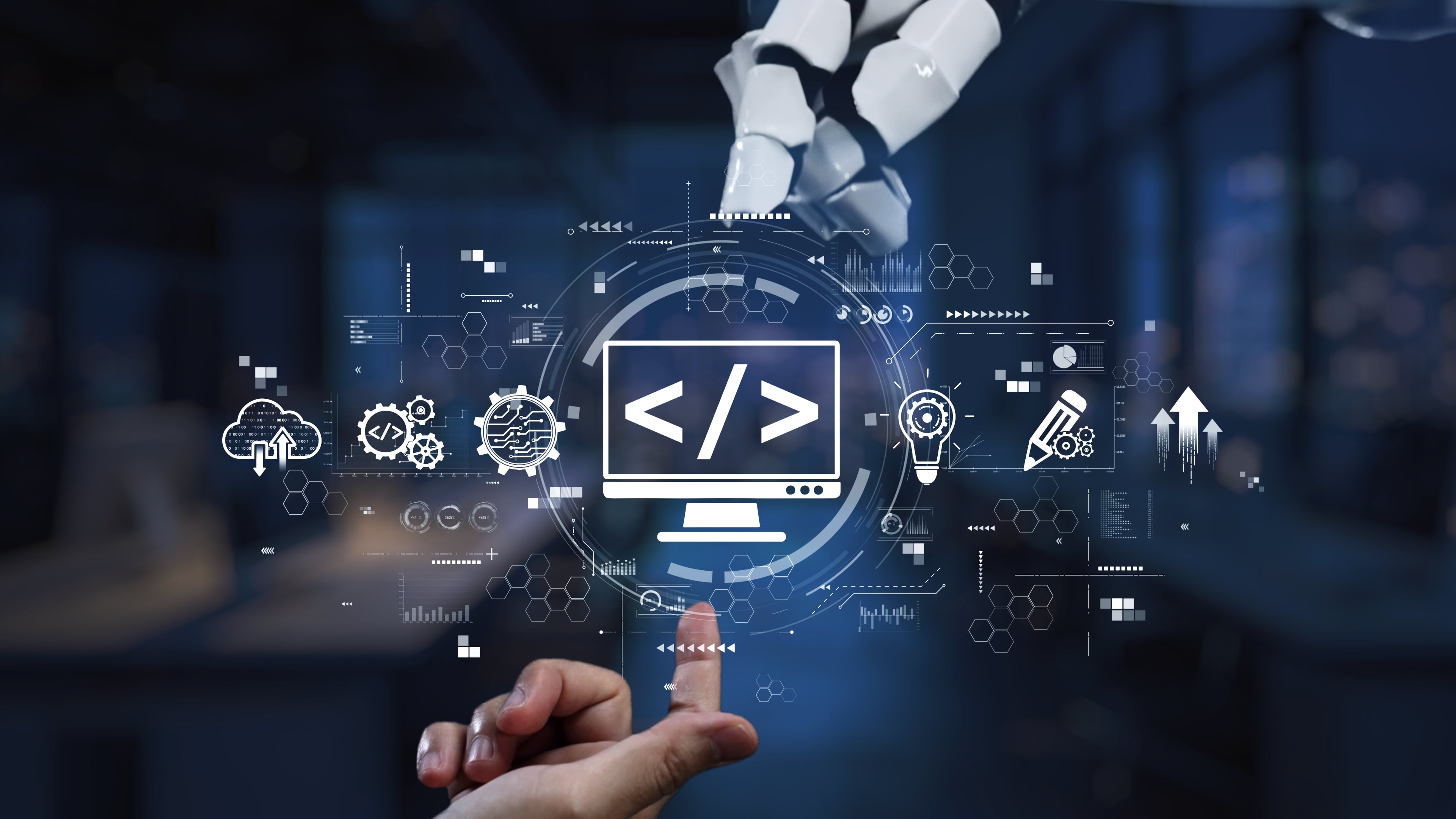 A human hand reaches out to a robotic arm in a digital setting, symbolizing the integration of artificial intelligence and human interaction in modern technology. Synapse